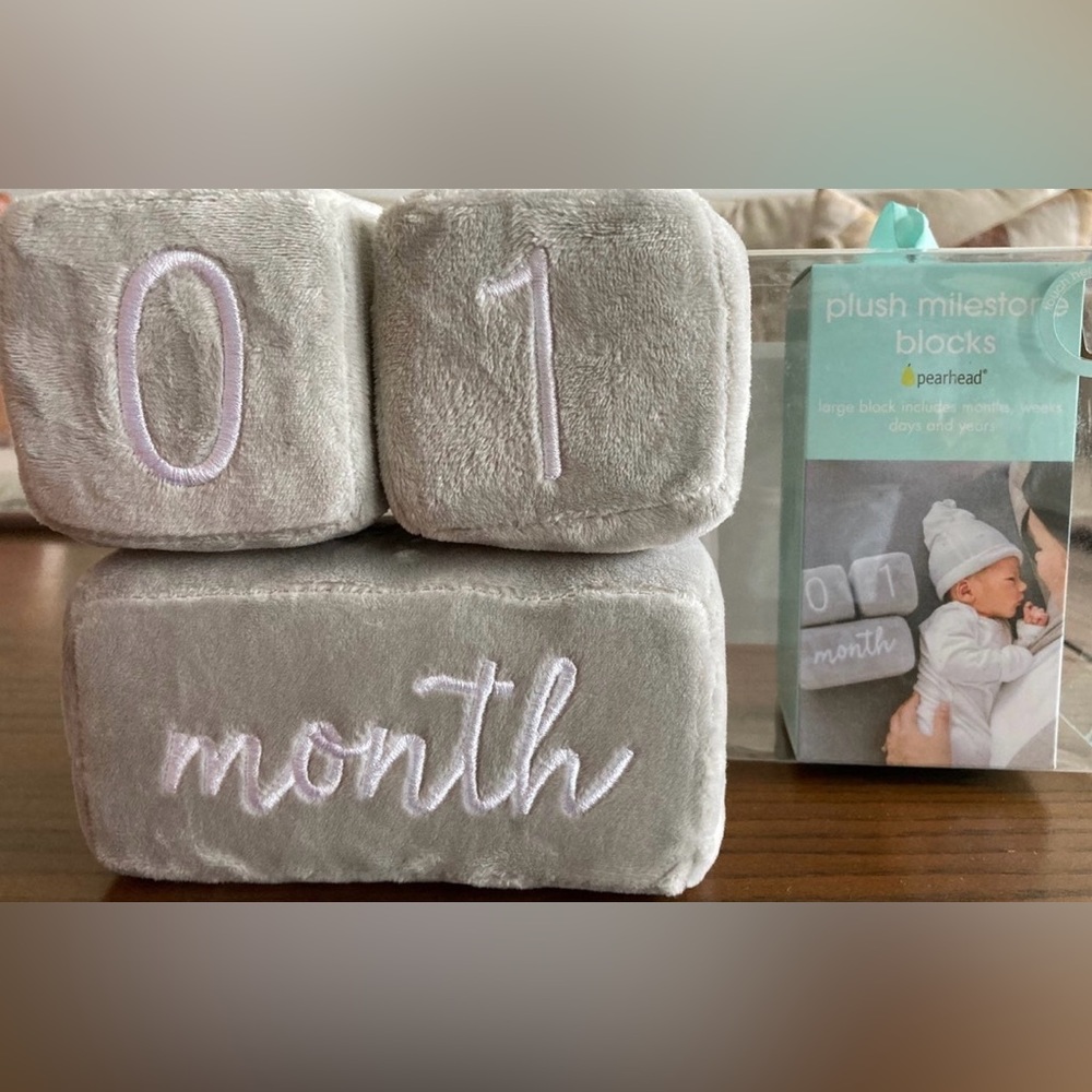🔥 5/$25 Pearhead Baby Toddler Plush Milestone Age Blocks Gray / Grey